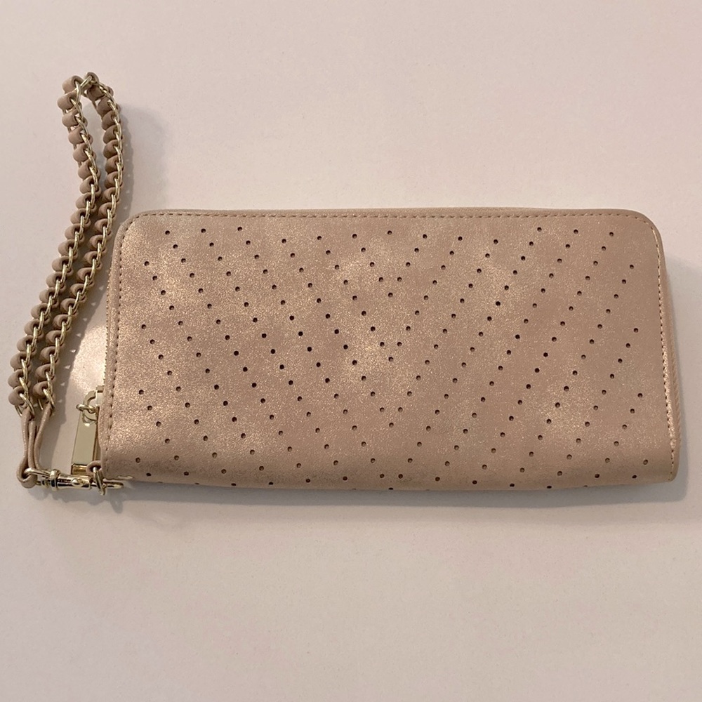 Metallic Rose Gold Wristlet with slots/pockets for cash, cards, and coins